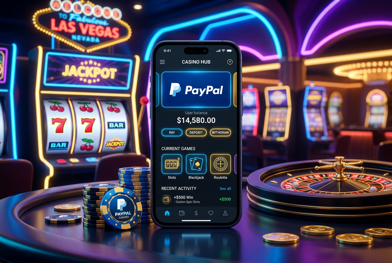 Modern digital wallet concept integrated with PayPal logo and casino elements