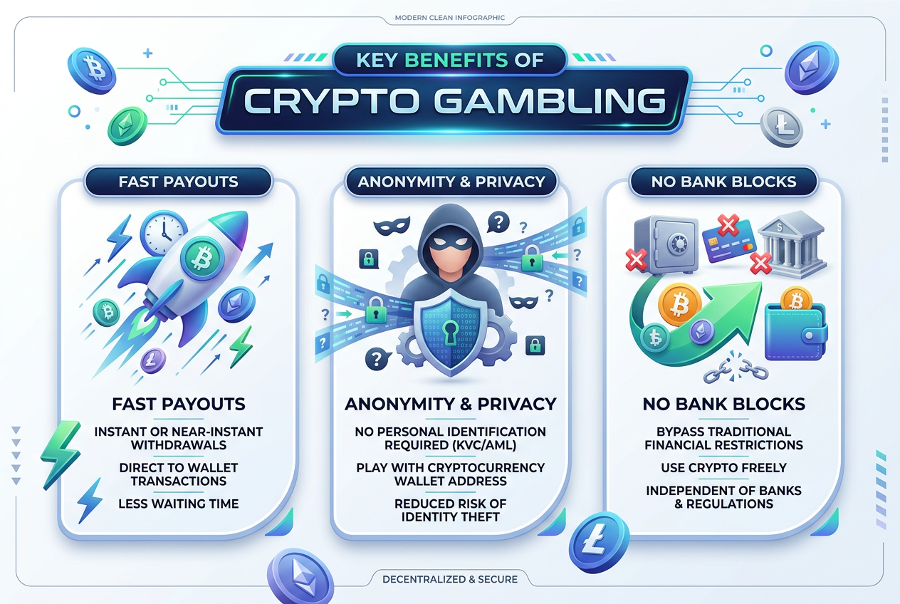 Infografika przedstawiająca zalety płatności kryptowalutowych w kasynie online