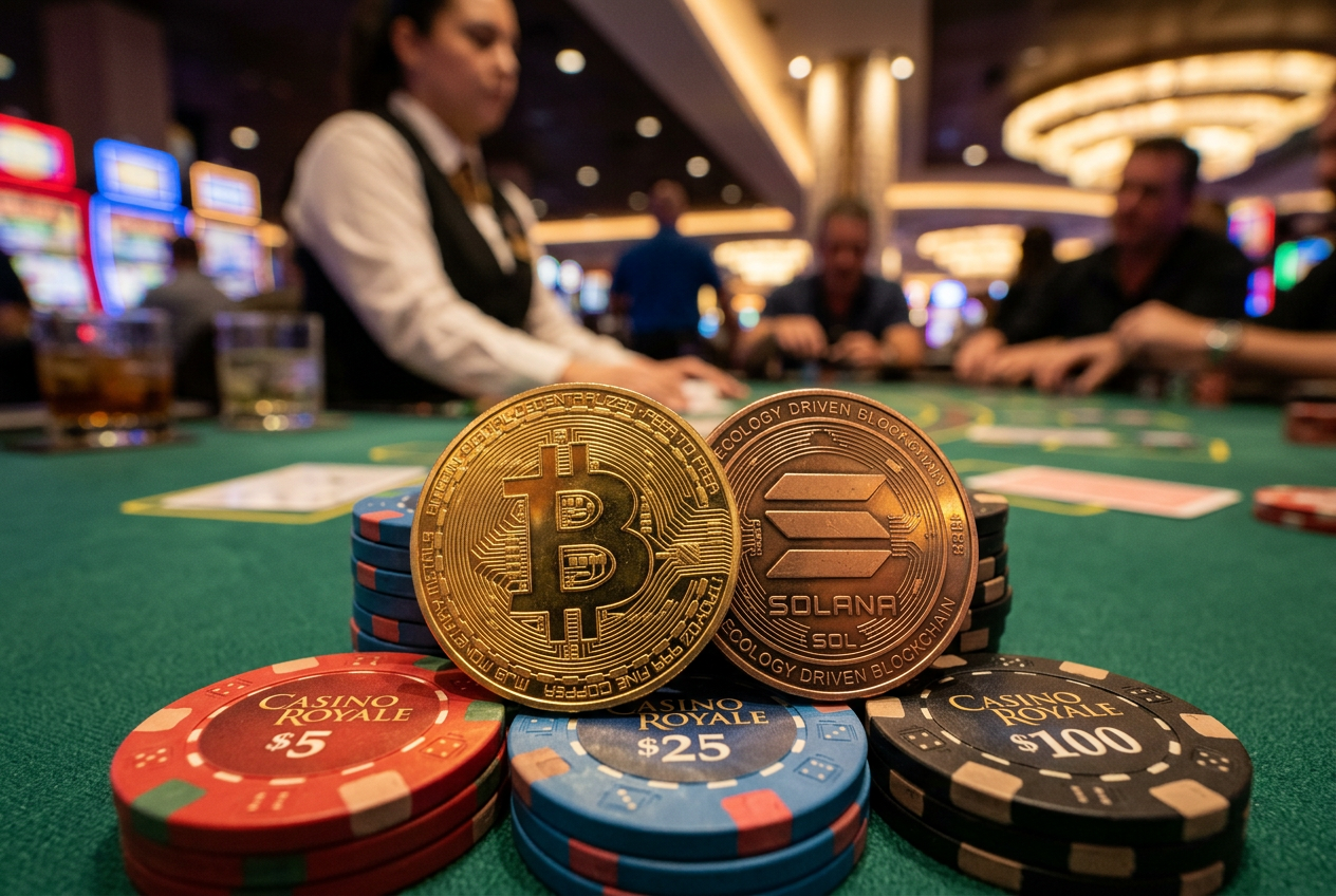 Monety Bitcoin i Solana na luksusowych żetonach kasynowych