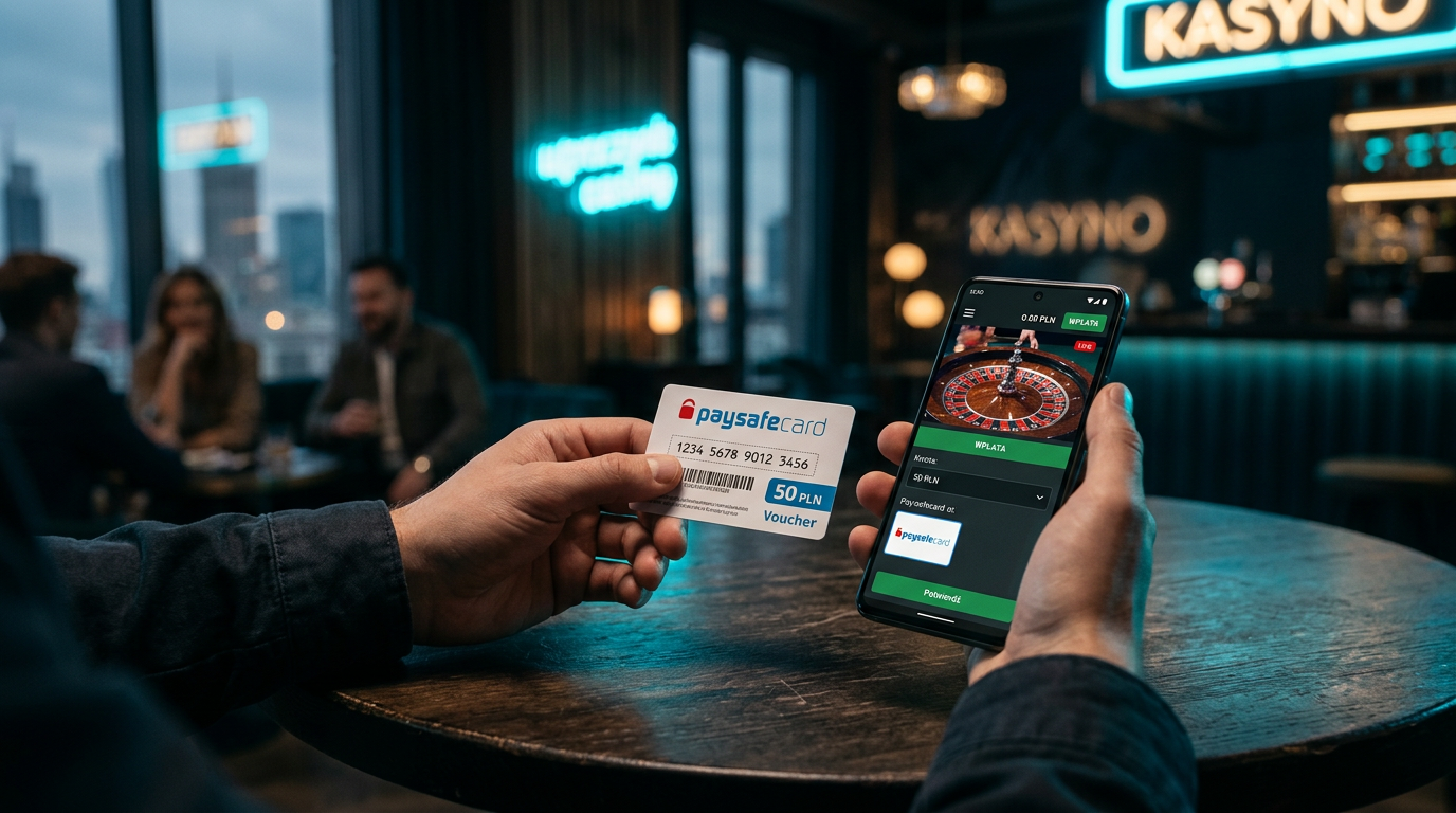 Osoba trzymająca voucher Paysafecard obok smartfona z interfejsem kasyna online
