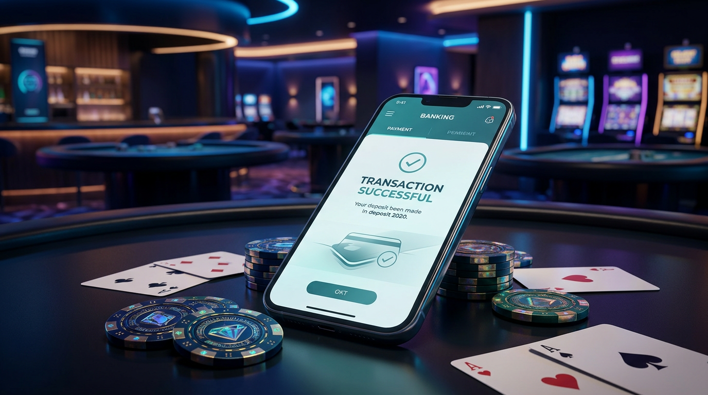 Smartfon z aplikacją bankową Revolut i żetony kasynowe na tle neonowego kasyna