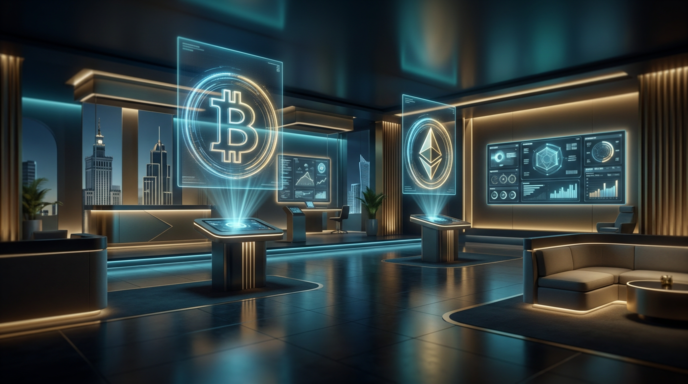 Futurystyczne kasyno kryptowalutowe z lewitującymi symbolami Bitcoin i Ethereum