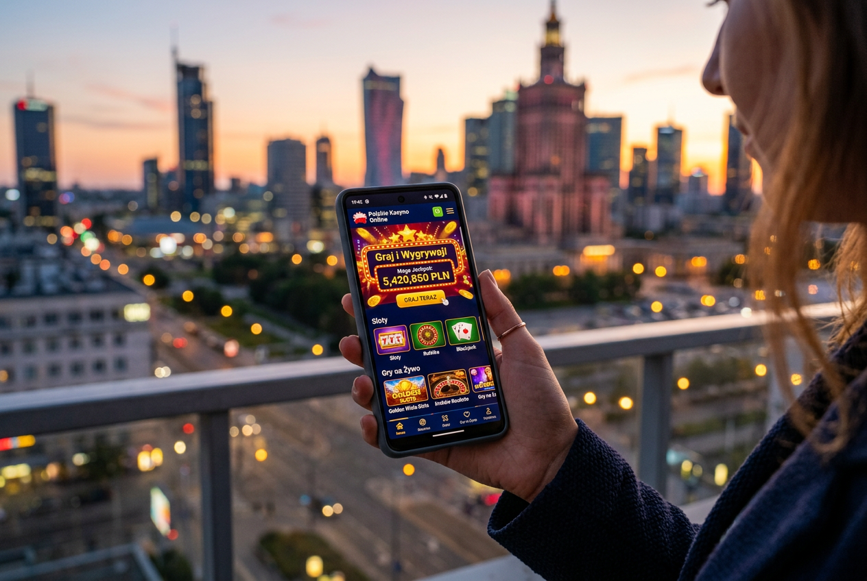Smartfon z aplikacją kasynową na tle nowoczesnego miasta w Polsce