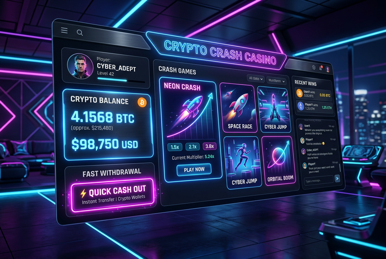 Nowoczesny interfejs kasyna online z saldem krypto i grami typu crash