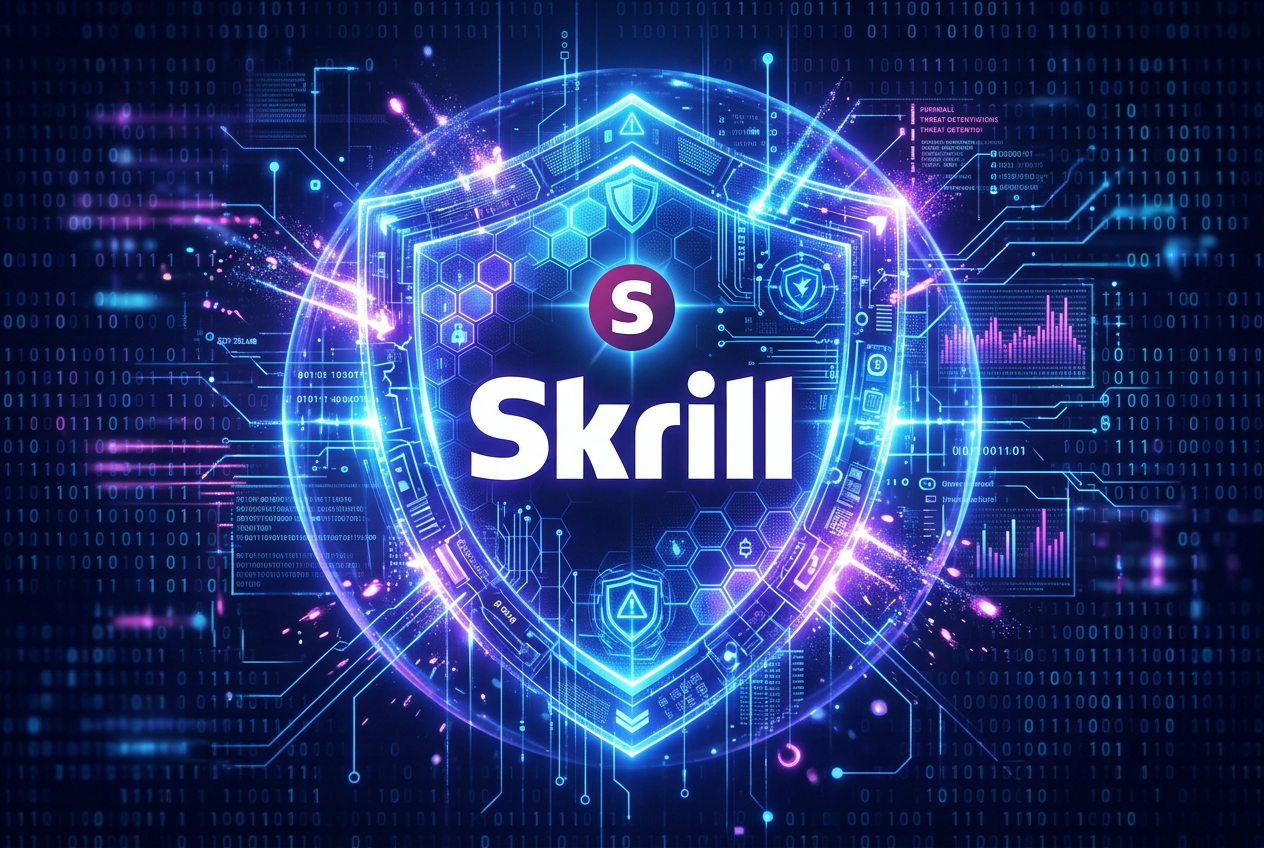Tarcza bezpieczeństwa obok logotypu Skrill na cyfrowym tle